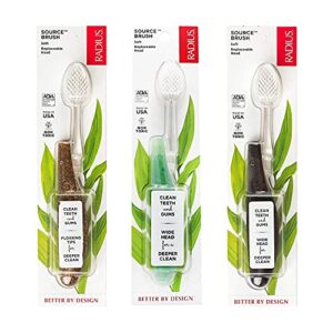 radius toothbrush source floss brush bpa free & ada accepted improve gum health & reduce gum issues - soft - hemp/soda pop ecogrind/coconut - pack of 3