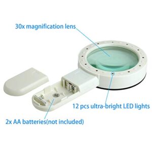 TMANGO Magnifying Glass with Light, 30X Handheld Large Magnifying Glass 12 LED Lighted Magnifier for Macular Degeneration, Seniors Reading, Soldering, Inspection, Coins, Jewelry, Exploring