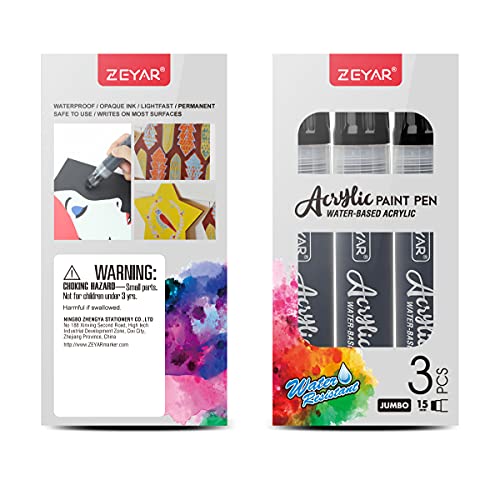 ZEYAR Jumbo Paint Marker Pens, Water Based Acrylic, 15mm Felt Tip, Waterproof and Permanent Ink, Great on Plastic, Posters, Stone, Metal, Glass and more (3 Black)
