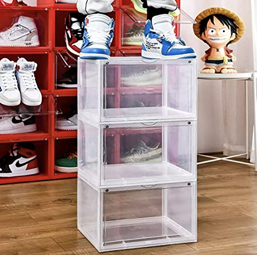 EZB - Magnetic Shoe Storage Box Drop Side/Front Sneaker Case Stackable Container XL (Crystal Clear, 2 Pack)