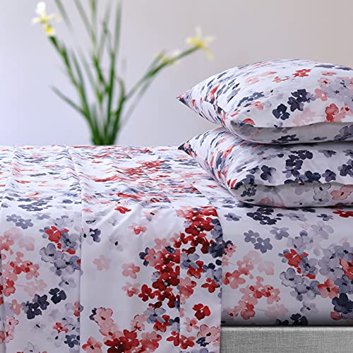 AZORES HOME Juliette Printed Deep Pocket Sheet Set with Oversized Flat - Queen, Red