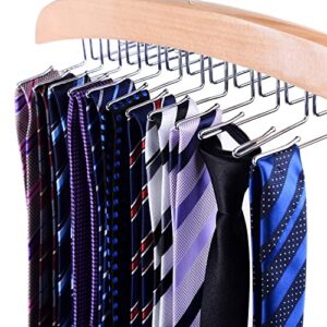 Ohuhu Tie Rack, Wooden Tie Organizer, 24 Tie Hanger Hook Storage Rack, Closet Accessory Organizer+Belt Rack, Ohuhu Durable Wooden Belt Organizer, 360 Degree Swivel Tie Rack Holder for Closet