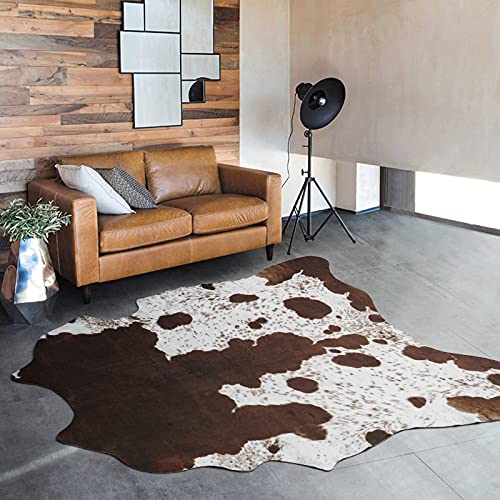 ULTRUG Cowhide Rug Faux Cow Print Area Rug for Bedroom, Faux Fur Animal Rug Cow Rugs for Living Room Non-Slip Cow Hide Carpet for Western Room Decor, White and Brown, 5.2ft x 6.2ft