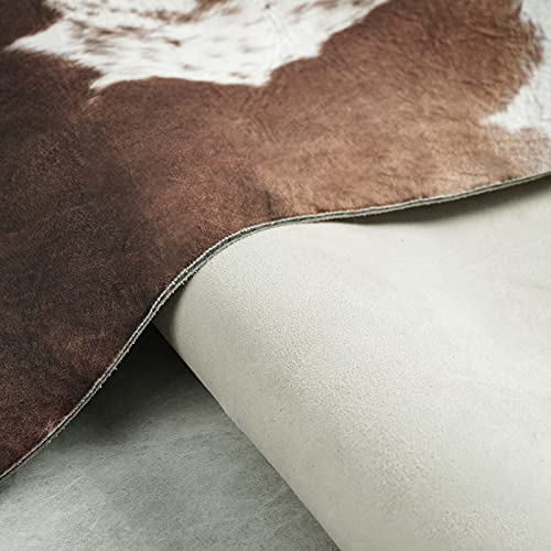 ULTRUG Cowhide Rug Faux Cow Print Area Rug for Bedroom, Faux Fur Animal Rug Cow Rugs for Living Room Non-Slip Cow Hide Carpet for Western Room Decor, White and Brown, 5.2ft x 6.2ft