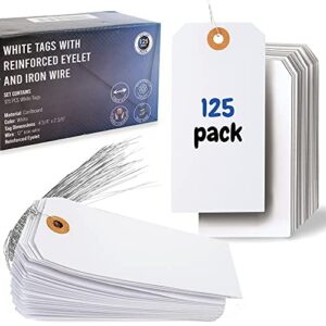 hang tags with reinforced eyelet and wire - 125 blank labels with hole,4 3/4" x 2 3/8", pre-attached wired cardboard for labeling price sale shipping product inventory luggage garage hanging items