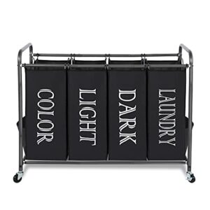 storage maniac laundry sorter, laundry divider with side pockets, multi laundry separator hamper with removable bags and rolling lockable wheels, laundry organizer hamper, 4 section black