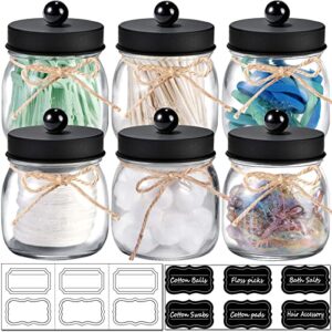 6 pack apothecary jars set,mason jar decor bathroom vanity storage organizer canister,glass qtip holder dispenser for qtips,cotton swabs,ball,bathoom accessories - stainless steel lid (black)