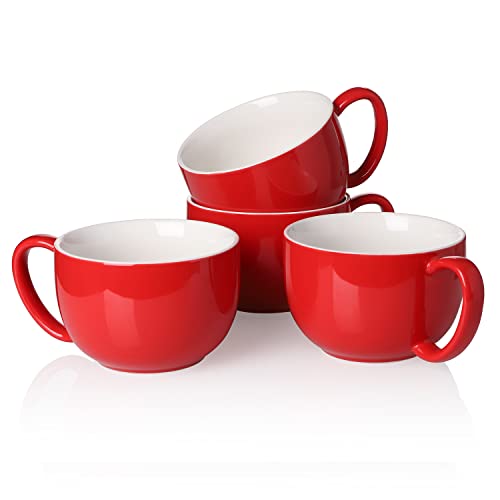 Cappuccino Cups, Red Porcelain Jumbo Coffee Mug Set of 4 Christmas Gift - 16 Ounce Cups with Handle for Hot or Cold Drinks like Cocoa, Milk, Tea or Water - Smooth Ceramic