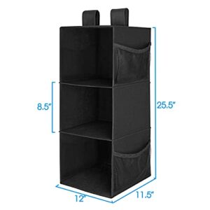 MAX Houser 3-Shelf Hanging Closet Organizer, Hanging Sweater Organizer, Foldable Hanging Shelves for Closet with 2 Velcro, Black