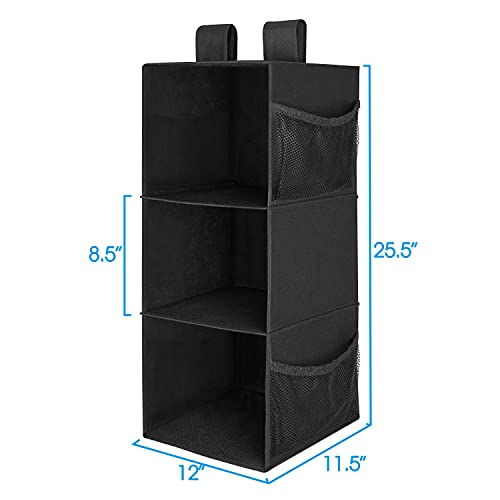 MAX Houser 3-Shelf Hanging Closet Organizer, Hanging Sweater Organizer, Foldable Hanging Shelves for Closet with 2 Velcro, Black