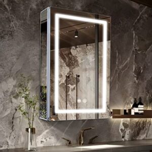 janboe 20 inch x 28 inch surface mount led lighted mirror medicine cabinet single door bathroom cabinet double touch switches for dimmer and anti-fog function