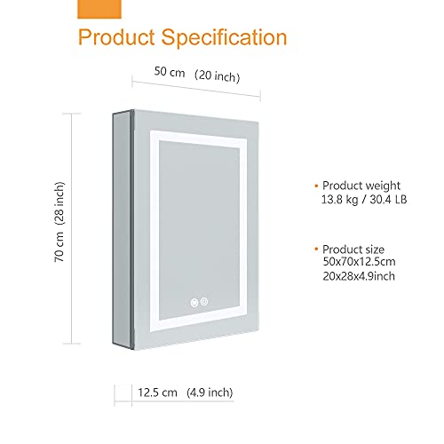 Janboe 20 Inch X 28 Inch Surface Mount LED Lighted Mirror Medicine Cabinet Single Door Bathroom Cabinet Double Touch Switches for Dimmer and Anti-Fog Function