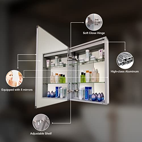 Janboe 20 Inch X 28 Inch Surface Mount LED Lighted Mirror Medicine Cabinet Single Door Bathroom Cabinet Double Touch Switches for Dimmer and Anti-Fog Function