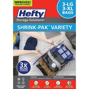 hefty shrink-pak - 3 large, 3 xl vacuum storage bags for storage for clothes, pillows, towels, or blankets - space saver vacuum sealer bags ideal under bed storage solutions