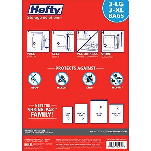 Hefty Shrink-Pak - 3 Large, 3 XL Vacuum Storage Bags for Storage for Clothes, Pillows, Towels, or Blankets - Space Saver Vacuum Sealer Bags Ideal Under Bed Storage Solutions