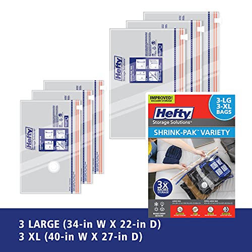 Hefty Shrink-Pak - 3 Large, 3 XL Vacuum Storage Bags for Storage for Clothes, Pillows, Towels, or Blankets - Space Saver Vacuum Sealer Bags Ideal Under Bed Storage Solutions