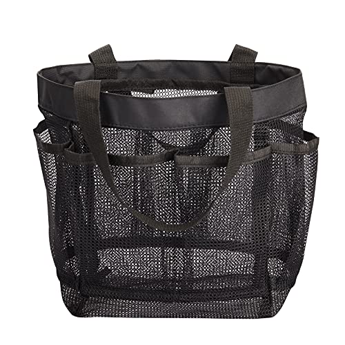 HAOGUAGUA Mesh Shower Caddy Tote Bag 8 Pockets, Hanging Portable Toiletry Bag for Men and Women, College Dorm Essentials Quick Dry Bath Organizer for College Dorms, Gym, Camp (Black)