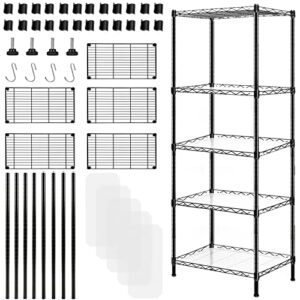 vkahaak 5 tier adjustable wire shelving unit, 22" x 12" x 60" metal storage rack with 4 hooks, steel utility storage shelf organization for kitchen/garage/bathroom/pantry/closet, black