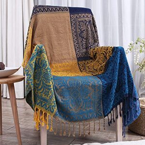 cueerbot bohemian tribal throw blanket，soft cozy reversible colorfu jacquard tassels throw blankets，chenille throw covers for bed couch soft chair, recliner (blue, small 60 inches x 75 inches)