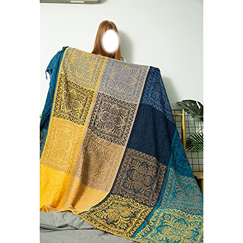 CUEERBOT Bohemian Tribal Throw Blanket，Soft Cozy Reversible Colorfu Jacquard Tassels Throw Blankets，Chenille Throw Covers for Bed Couch Soft Chair, Recliner (Blue, Small 60 inches x 75 inches)