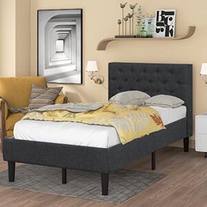catrimown twin bed frame with upholstered button tufted headboard, linen fabric platform bed frame with strong wooden slat support, mattress foundation, no box spring needed, easy assembly, dark grey