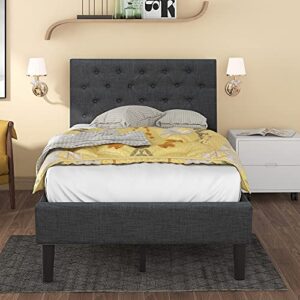 Catrimown Twin Bed Frame with Upholstered Button Tufted Headboard, Linen Fabric Platform Bed Frame with Strong Wooden Slat Support, Mattress Foundation, No Box Spring Needed, Easy Assembly, Dark Grey