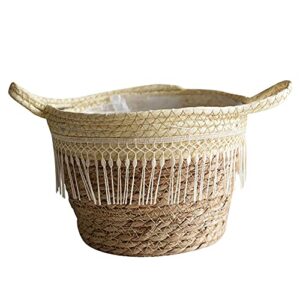 seagrass woven storage basket for plants,seegrass laundry basket,decorative wicker baskets with handles,boho decor belly basket for storage plant pot basket,picnic,grocery basket,bathroom or pets