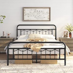 yaheetech queen size metal bed frame with vintage headboard and footboard, farmhouse metal platform bed, heavy duty steel slat support, ample under-bed storage, no noise, no box spring needed, black