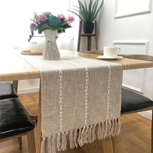 flpyard braided farmhouse table runner vintage woven table runner cotton linen table decorations with tassel for dining party holiday 13" by 70" inches