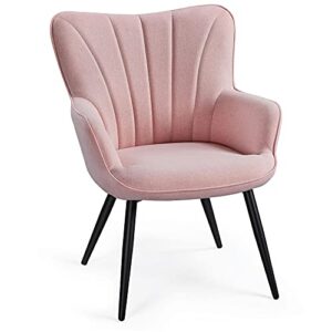 yaheetech accent chair, modern and elegant armchair, linen fabric living room chair with mental legs and high back for living room bedroom office waiting room, pink