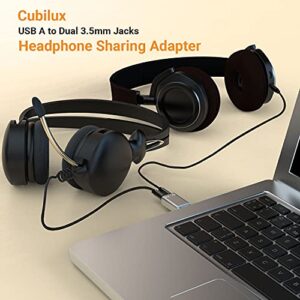 Cubilux USB A to Dual Headphone Splitter with DAC, USB to Double 3.5mm Stereo Audio Adapter, USB to 2X 1/8 Aux Splitter Compatible with Lenovo HP Dell Asus Computer Laptop PC