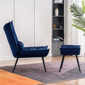 MCombo Accent Chair with Ottoman, Velvet Modern Tufted Wingback Club Chair, Upholstered Leisure Chairs with Metal Legs for Bedroom Living Room 4079 (Blue)