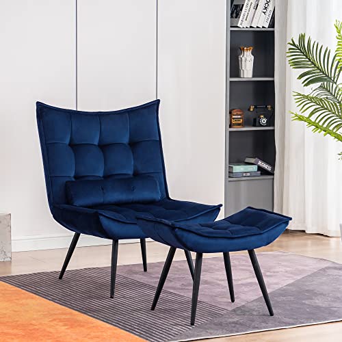 MCombo Accent Chair with Ottoman, Velvet Modern Tufted Wingback Club Chair, Upholstered Leisure Chairs with Metal Legs for Bedroom Living Room 4079 (Blue)