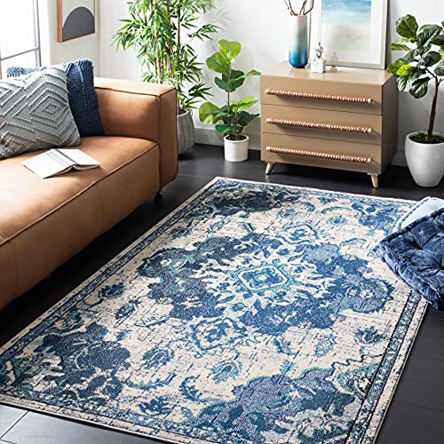 Safavieh Madison Collection 3' x 5' IvoryBlue MAD484A Boho Chic Medallion Distressed Non-Shedding Living Room Bedroom Entryway Accent Rug