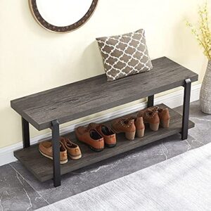 excefur shoe bench, industrial entryway bench with storage, rustic wood and metal shoe rack bench seat, grey
