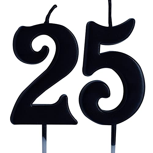 Black 25th Birthday Candle, Number 25 Years Old Candles Cake Topper, Woman Or Man Party Decorations, Supplies