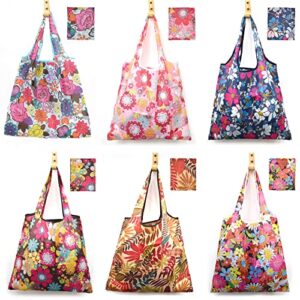mryuwb 6 pcs set reusable grocery bags, foldable shopping bags, large groceries bags with pouch bulk, ripstop, easy carrying，waterproof, eco-friendly, machine washable nylon tote bag (shiny flowers)