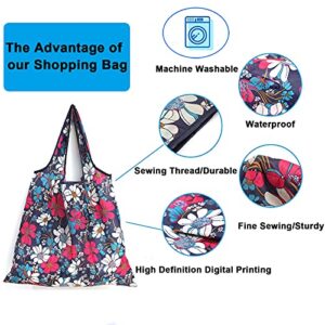 MRYUWB 6 Pcs Set Reusable Grocery Bags, Foldable Shopping Bags, Large Groceries Bags with Pouch Bulk, Ripstop, Easy Carrying，Waterproof, Eco-Friendly, Machine Washable Nylon Tote Bag (Shiny Flowers)