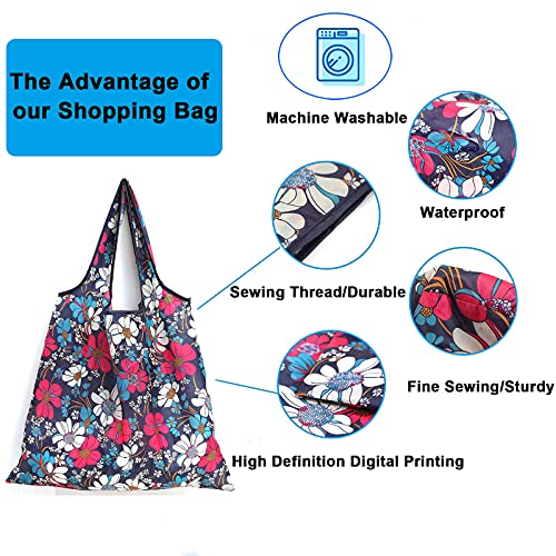 MRYUWB 6 Pcs Set Reusable Grocery Bags, Foldable Shopping Bags, Large Groceries Bags with Pouch Bulk, Ripstop, Easy Carrying，Waterproof, Eco-Friendly, Machine Washable Nylon Tote Bag (Shiny Flowers)