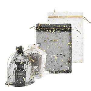 soug organza gifts bags, 5x7 100pcs sheer organza drawstring pouches stars and moon wedding party favor jewelry candy gift bags (white and black).