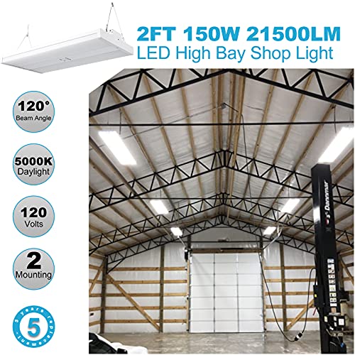 Lightdot 2 Pack LED High Bay Shop Light, 2FT (Large Area Illumination) 150W [Eqv.600W MH/HPS] 5000K Commercial Warehouse Linear Hanging Light for Workshop Energy Saving Upto 5600KW*2/5Yrs(5Hrs/Day)