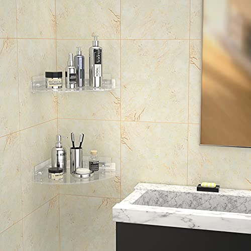 2-Pack Adhesive Shower Shelves, Acrylic Bathroom Corner Shelf, Clear Floating Storage Organizer, Wall Mounted No-Drilling Shower Caddy for Kitchen, Toilet, Shampoo, and Dorm.