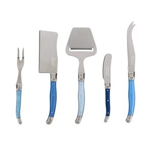 laguiole 5-piece cheese knife set (shades of blue)–stainless steel cheese knives set – cheese spreader, spade, fork, fork tipped spear & slicer –luxurious charcuterie accessories set for parties