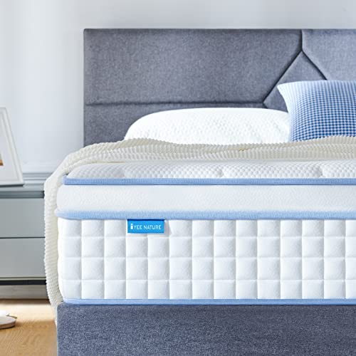 IYEE NATURE King Mattress, 12 Inch King Size Hybrid Mattress Individual Pocket Spring with Foam,King Bed in a Box with Breathable and Pressure Relief,Medium Plush,Blue