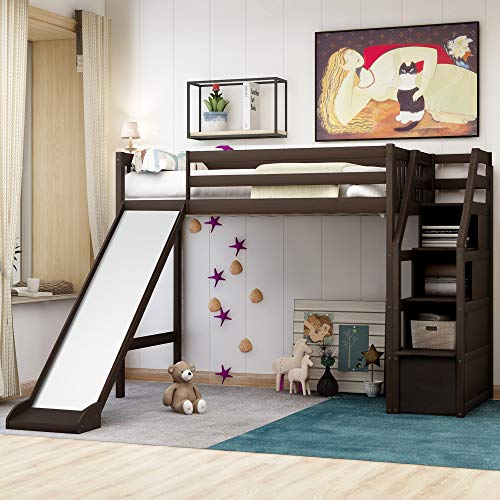 Twin Loft Bed with Slide and 3 Storage Grids, Wood Storage Twin Loft Bed Frame with Staircase and Guardrail for Kids, Twin Size, No Box Spring Needed, (White) (Espresso)