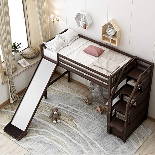 Twin Loft Bed with Slide and 3 Storage Grids, Wood Storage Twin Loft Bed Frame with Staircase and Guardrail for Kids, Twin Size, No Box Spring Needed, (White) (Espresso)