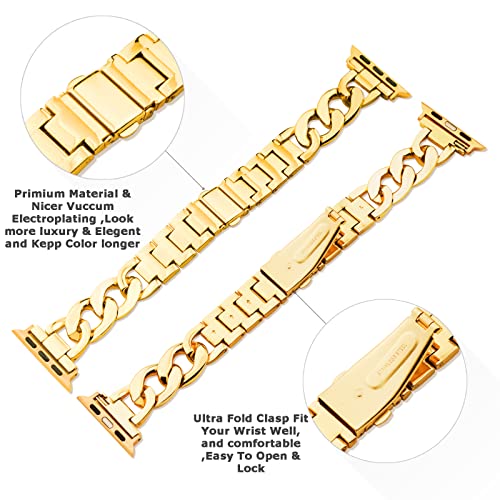 Kolgios 38/40/41mm Gold Cool Women Chain Metal Smartwatch Bands Compatible for Apple Watch Bands Series 8/7/6/SE/5/4 Adjustment Replacement Bracelet for Iwatch 8/7 Gift for Her