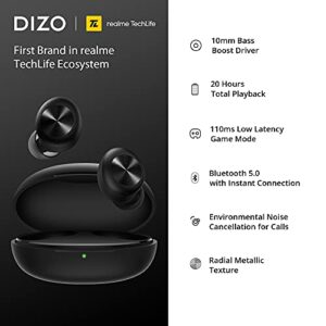 DIZO GoPods D Bluetooth Earbuds Wireless Headphones, Clear Calls, Environmental Noise Cancellation, Deep Bass Boost, Waterproof Stereo TWS Earphones, Touch Control, Low Latency, Sports Headsets Black