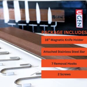 16 Inch Magnetic Knife Holder - U-Gen Real Walnut Wood Magnetic Knife Holder for Wall - Powerful Magnetic Knife Strip with Hooks - Easy to Install - Perfect for Kitchen Utensils and Knives Storage