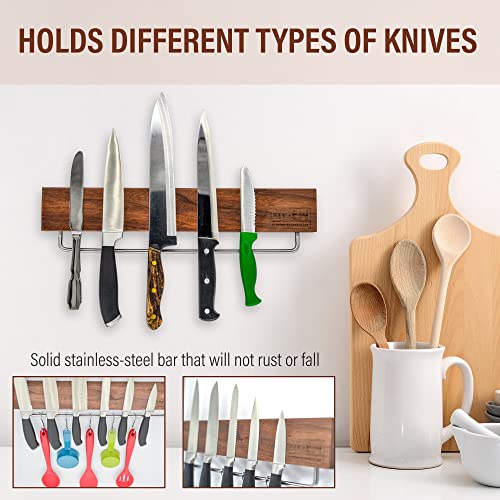 16 Inch Magnetic Knife Holder - U-Gen Real Walnut Wood Magnetic Knife Holder for Wall - Powerful Magnetic Knife Strip with Hooks - Easy to Install - Perfect for Kitchen Utensils and Knives Storage